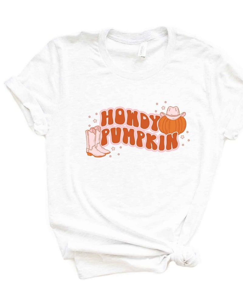 Front of a size XL Howdy Pumpkin Boots Short Sleeve Graphic Tee in White by Simply Sage Market. | dia_product_style_image_id:301587